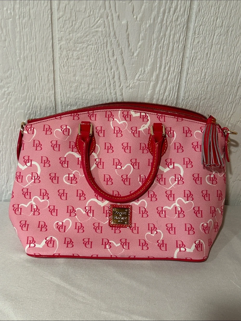Dooney & Bourke Pink Signature Dome Satchel with Red Trim